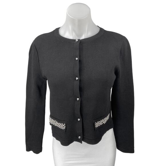 H&M Womens Black Beaded Pearl Buttons Long Sleeve Cardigan Sweater Top Size XS - Picture 1 of 5
